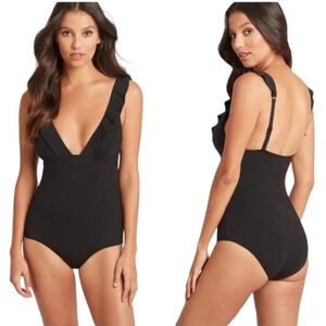 Sea Level Power Mesh Support One Piece Black Swimsuit Ruffle Trim Size 6 NWT